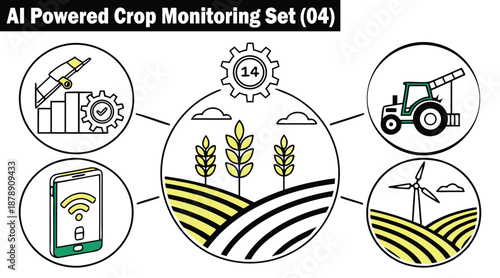 AI farming concept with tractor wind turbine and smartphone data analysis vector illustration.