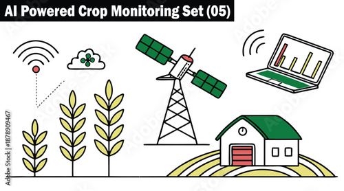 AI agricultural monitoring system with satellite and house data visuals vector illustration.