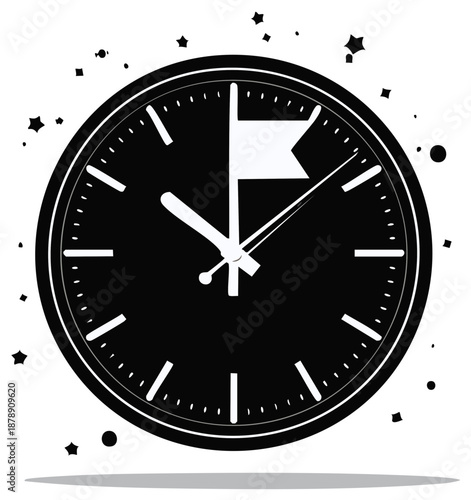 Clock face with a flag, symbolizing time, measurement, and achievement