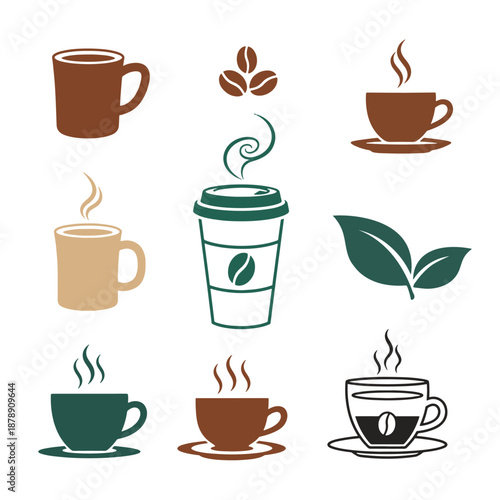 Various coffee and tea cups with steam and coffee beans mugs