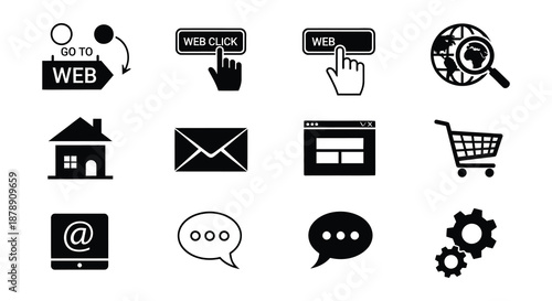 Collection of black silhouette icons representing web elements and digital interaction