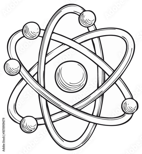Atom Model Line Art: Electron Orbiting Nucleus Illustration in Sketch Style Science Concept