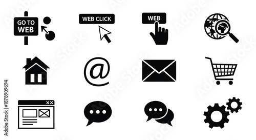 Collection of black silhouette icons representing web elements and digital interaction