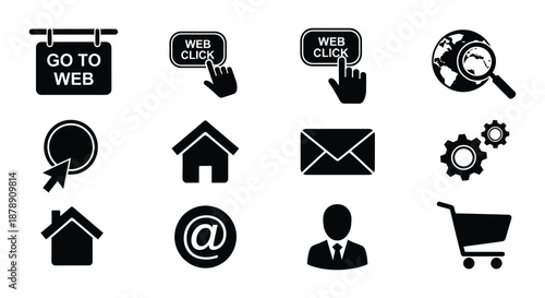 Collection of black silhouette icons representing web elements and digital interaction