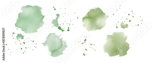 Foto Watercolor green ink splashes and drops set on nuance background, abstract ink a