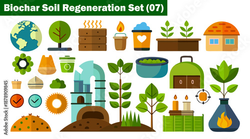 Biochar soil regeneration set seven flat icons, plants, eco -friendly, agriculture theme vector illustration.