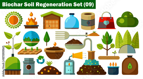 Biochar soil regeneration set nine flat icons, plants, eco -friendly, agriculture theme vector illustration.