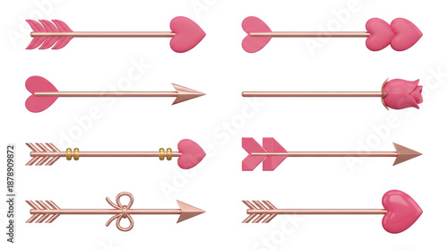 Cupid arrow set including heart, rose, ribbon, and feather tip variants isolated. Valentines day and romantic love collection.