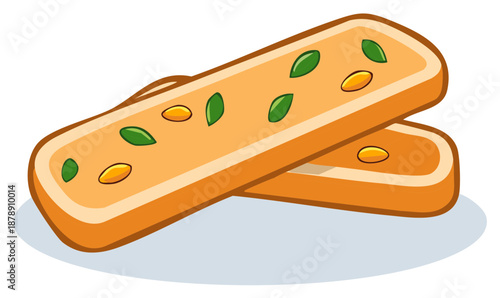 Two decorated bread slices with green and yellow toppings, cartoon illustration.