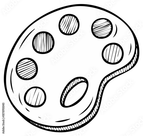 Black and white sketch of an artist paint palette line art illustration