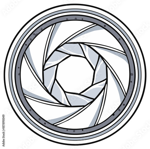 Open camera diaphragm aperture blades in abstract circular pattern monochrome illustration