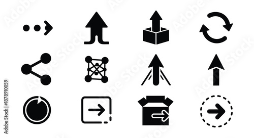 Collection of various black arrow and connection point icons on a white background