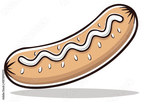 Illustration of a single appetizing sausage with a zigzag line of white sauce and small dots