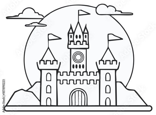 Black and white illustration of a castle with towers, flags, and sun in background
