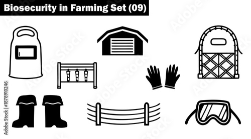 Biosecurity in farming sets nine protective gear tools and infrastructure vector graphics vector illustration.