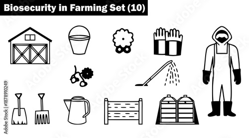 Biosecurity in farming sets ten essential farming items, tools, and protective apparel, vector illustration.