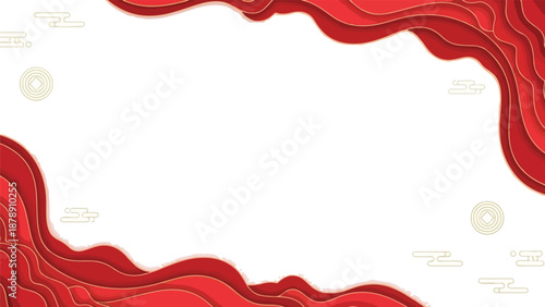 A vibrant red abstract design with wavy lines on a white background, featuring a topographic map-inspired pattern with warm tones for Chinese New Year celebrations.