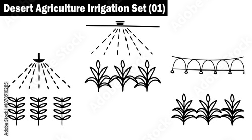 Desert agriculture irrigation set one watering systems and drought tolerant crops vector illustration.