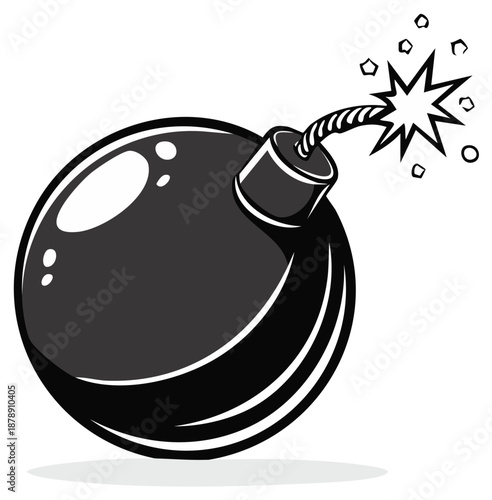 Stylized Black Bomb with Lit Fuse Ready to Explode in Cartoon Illustration