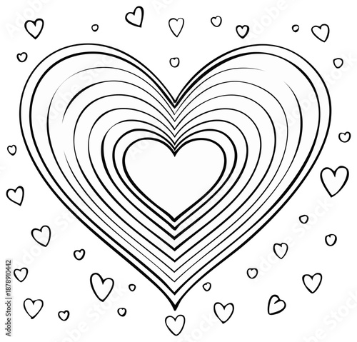 Hand drawn heart with nested outlines surrounded by small hearts simple line art for coloring page love theme illustration element