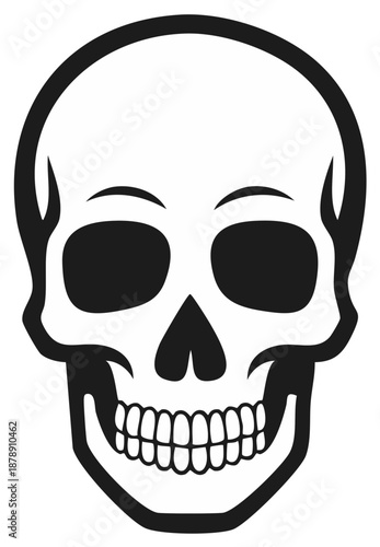 Black and white illustration of a human skull with large eye sockets and visible teeth