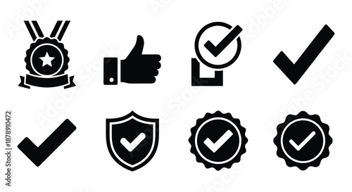 A collection of black and white award badge and checkmark icons