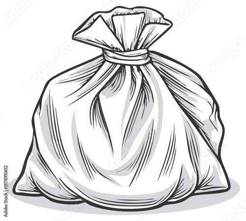 Stylized sack with tied top, illustration of a white sack with a drawstring, vector art of a full bag