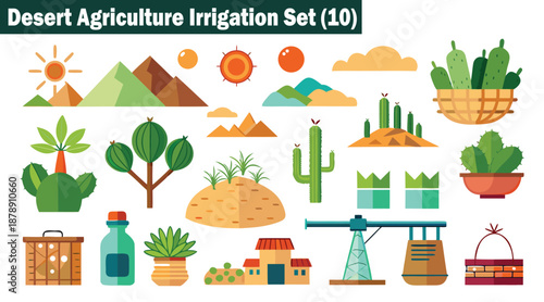 Arid farming landscape elements featuring cacti, mountain ranges, and house icon vector illustration.