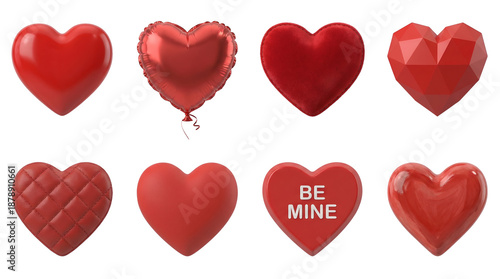 Red heart set including glossy, balloon, velvet, geometric, quilted, matte, candy, and marble styles isolated. Valentine's Day decoration and romantic symbol collection.