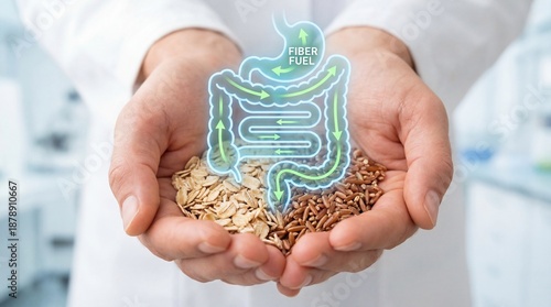 A scientist holds a symbolic diagram of the digestive system, alongside oats and flax seeds, highlighting the vital connection between fiber-rich foods and optimal gut health.