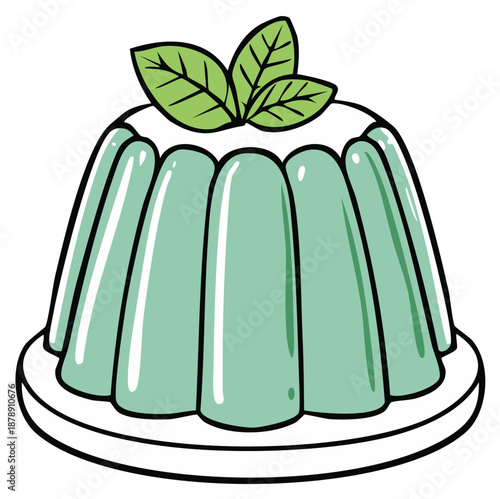 Bright green cartoon gelatin dessert with refreshing mint leaves on a clean plate