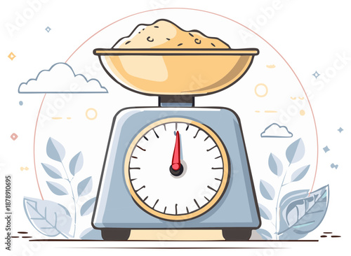 Illustration of retro kitchen scale with flour in bowl measuring baking ingredients