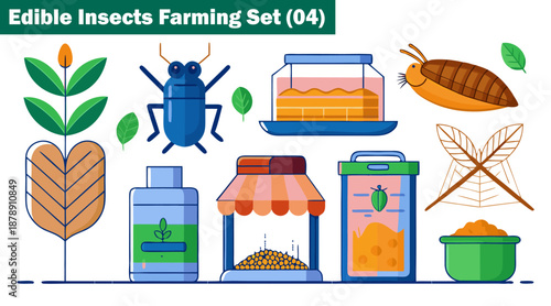 Edible insects farming set with blue beetle larvae in a farm elements vector illustration.