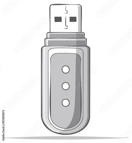 Cartoon illustration of a USB flash drive with three decorative circles in grayscale.