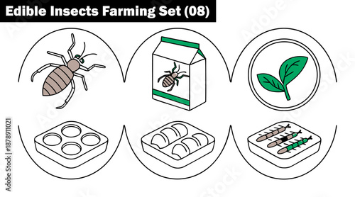Edible insects farming set line art icons collection vector illustration.