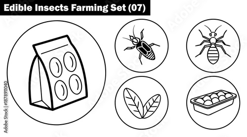 Edible insects farming set line art icons collection vector illustration.