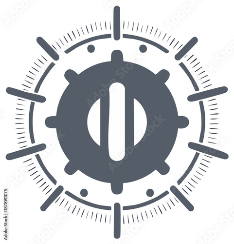 Stylized dial with radial markings and central design, evoking measurement, guidance, precision, and technical aesthetics