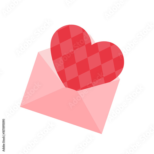 Pink envelope with a red checkered heart inside, symbolizing love and affection.