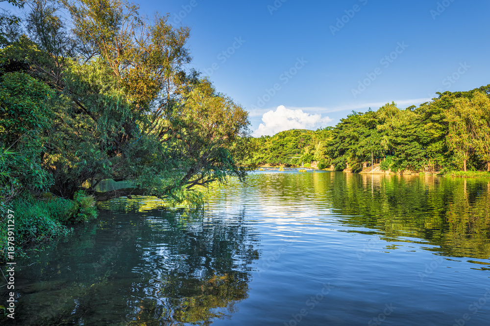 Obraz premium Peaceful river landscape with lush green trees reflecting in the calm water under a clear blue sky during a sunny day.