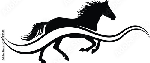 Running Horse Silhouette With Flowing Swirl Line Art. Vector illustration