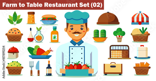 Farm to table restaurant ingredients set with chef holding basket of tomatoes vector illustration.
