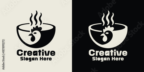 Hot Chicken Soup Bowl Logo Design with Steam and Rooster Head