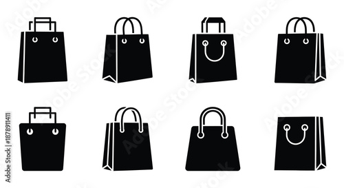 A collection of black shopping bags in varying styles and perspectives