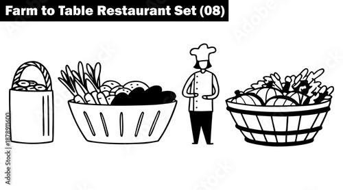 Farm to table line drawings featuring a chef and big baskets of fresh-harvested vegetables vector illustration.