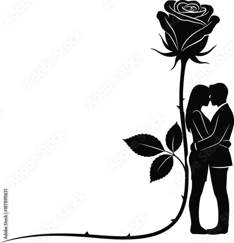 Romantic Couple Embracing Beside Tall Rose Silhouette. Vector illustration