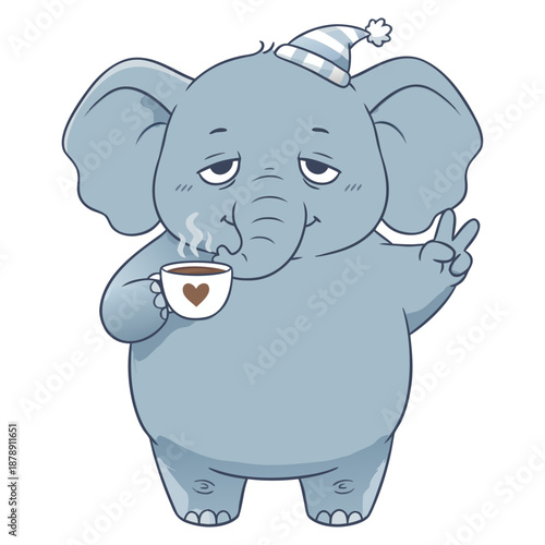 A sleepy, cute cartoon Elephant full body with a coffee cup, making a peace sign.