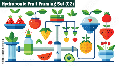 Flat hydroponic fruit farming set, with modern water Vector Illustration.