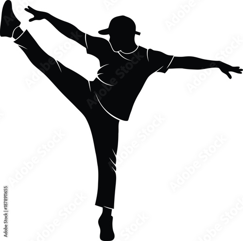 Silhouette of Dancer Performing High Kick Balance Pose. Vector illustration