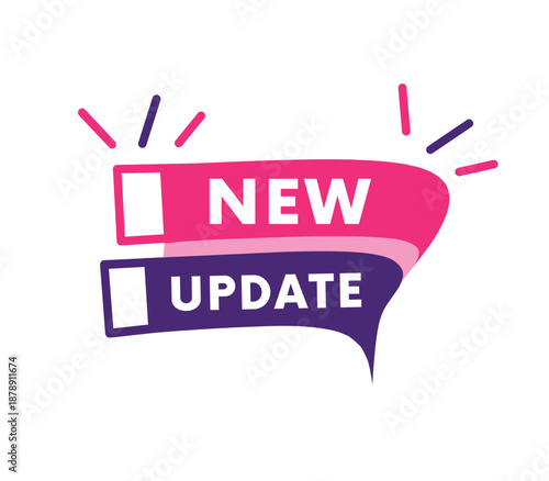 New update, colourful vector sign for banner illustration. Editable shape elements. Graphic label.