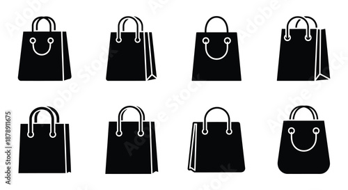 A collection of black shopping bags in varying styles and perspectives